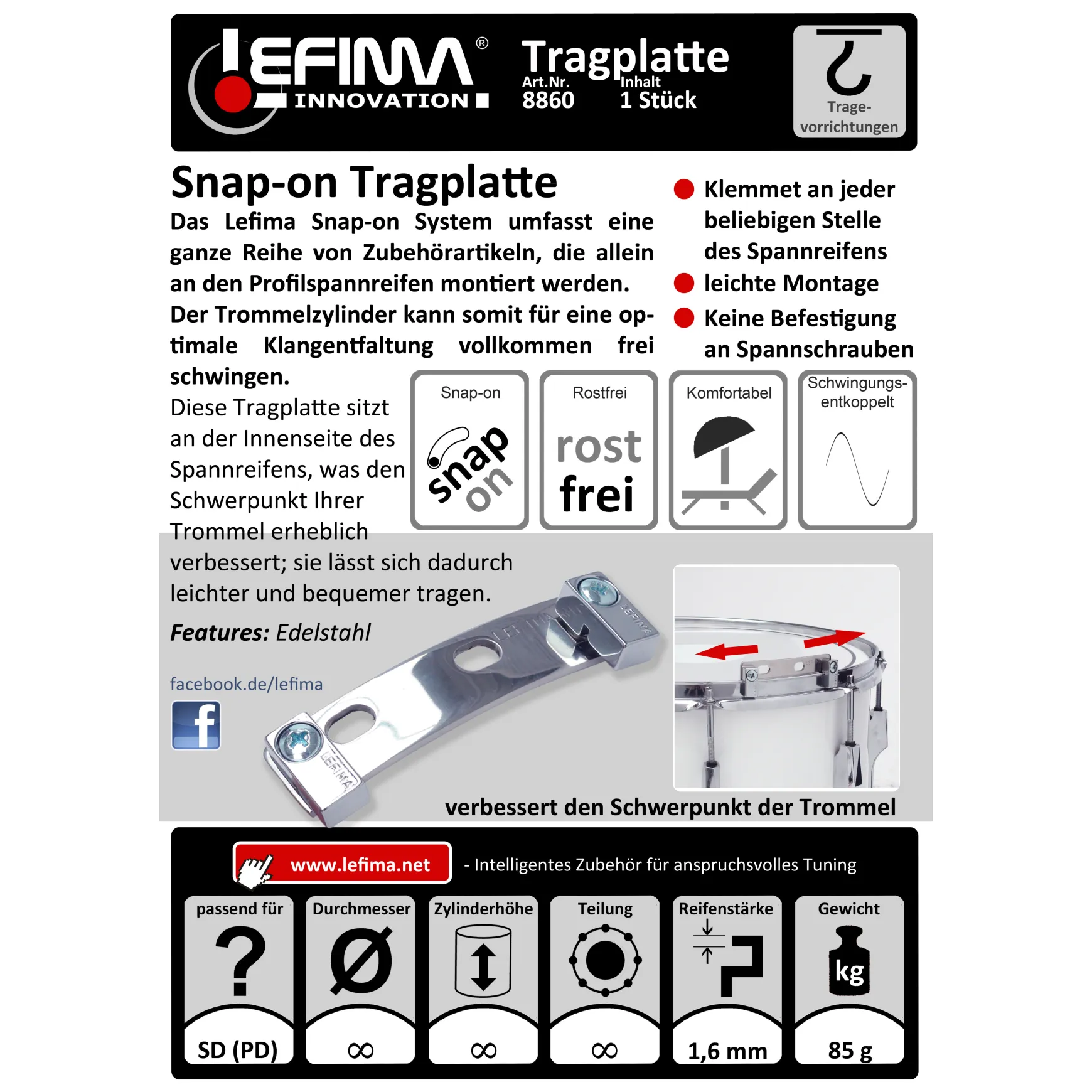 Lefima Snap-on 2-Loch-Tragplatte, handpoliert für Chrom