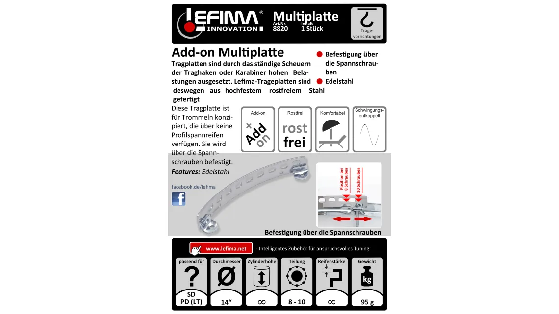 Lefima Mehrlochtragplatte (Metallspannreifen) Edelstahl