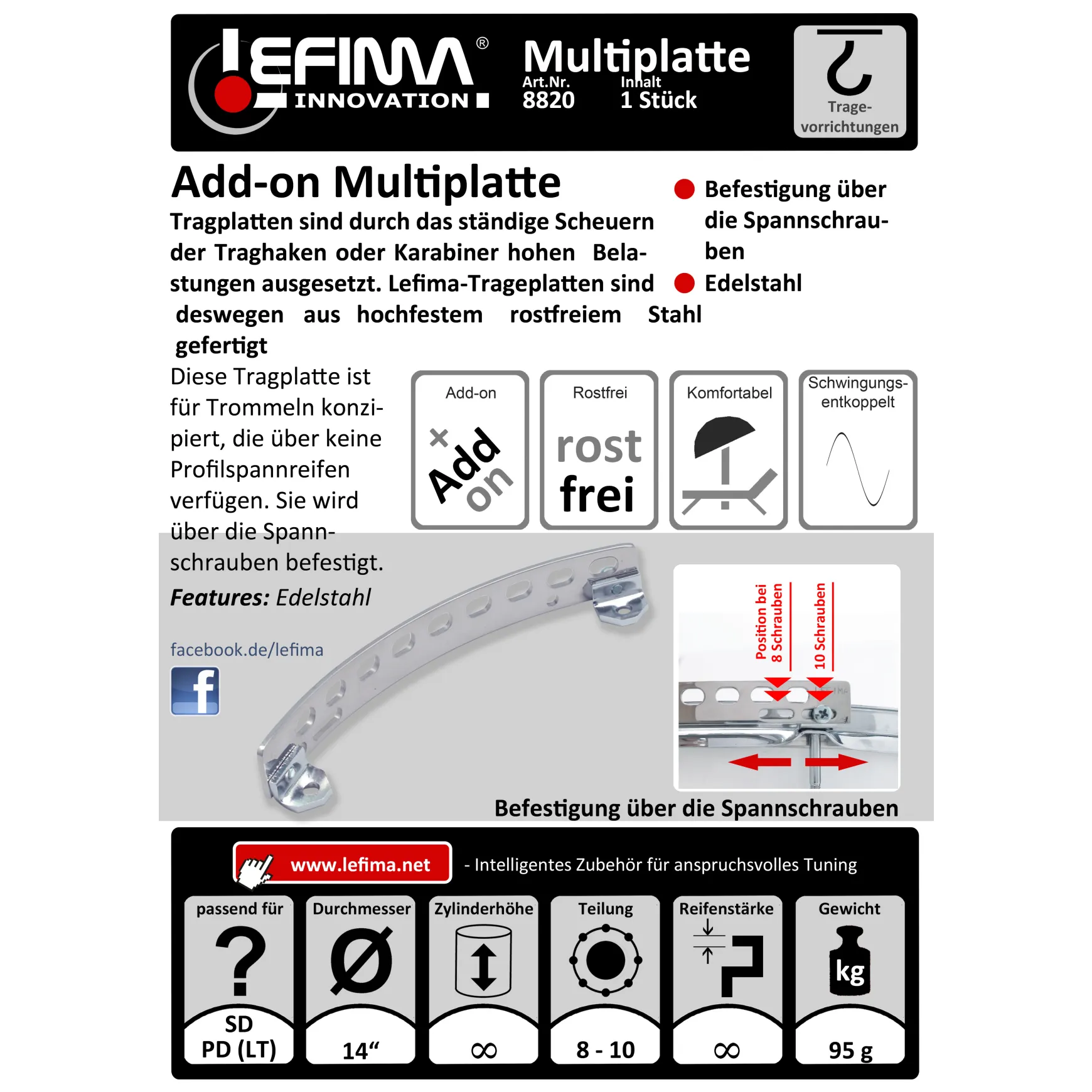 Lefima Mehrlochtragplatte (Metallspannreifen) Edelstahl