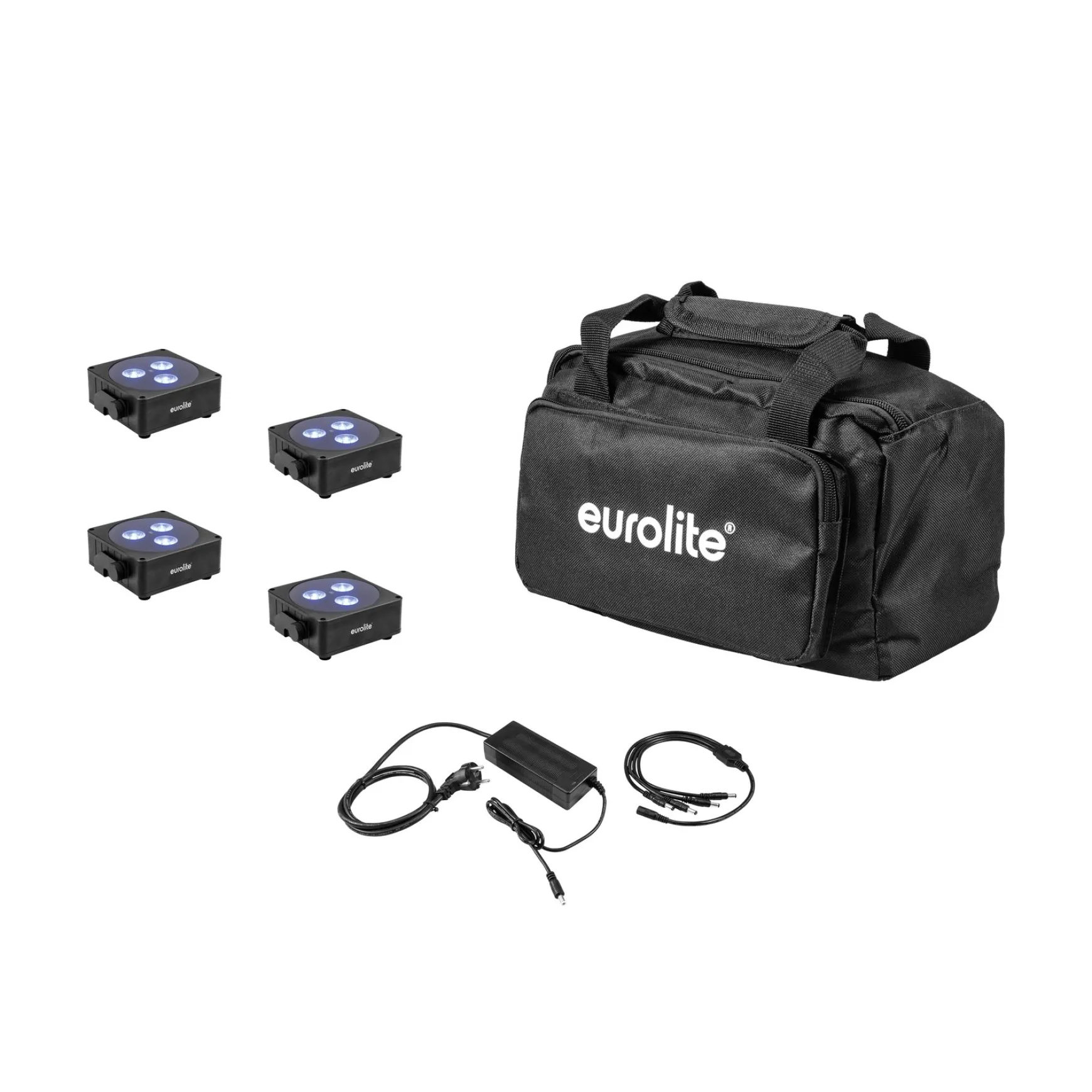 Eurolite Set 4x AKKU Flat Light 3 sw + Ladenetzteil + Soft-Bag 